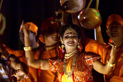 Bangladeshi artists performing in a dance show.