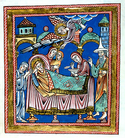 12-century German Nativity of Mary with her father, Joachim wearing a Jewish hat