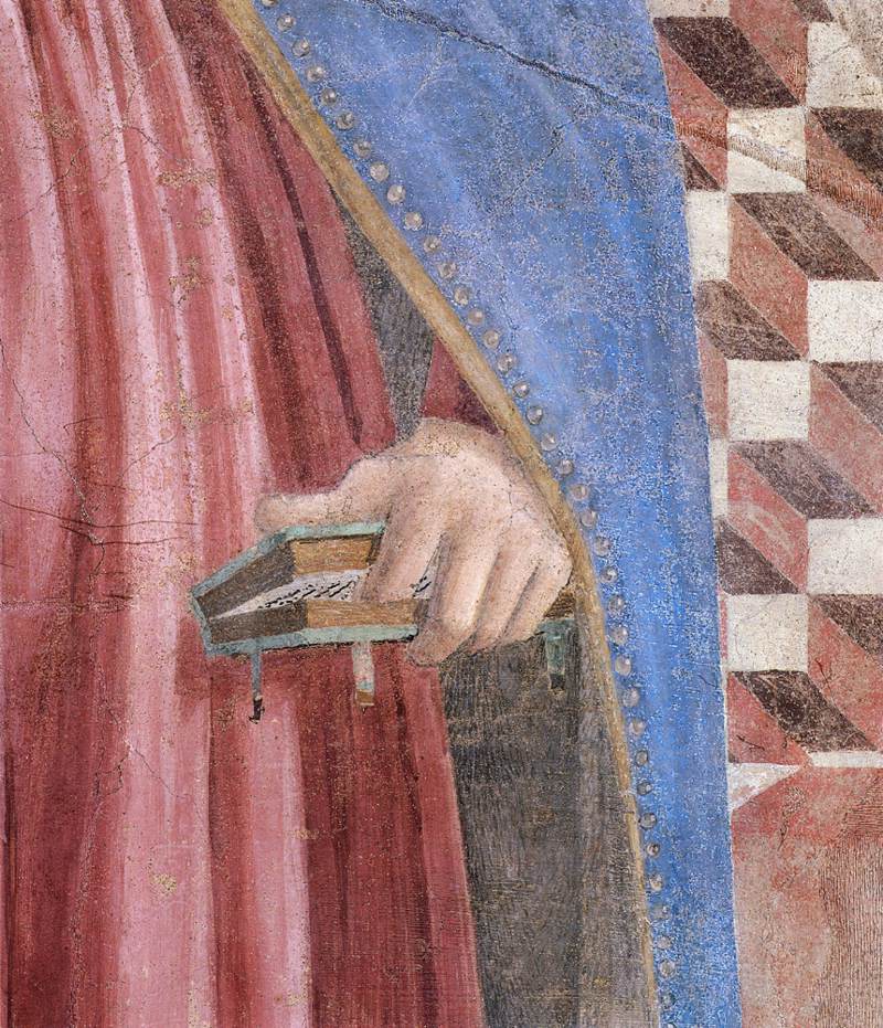 Piero della Francesca, Annunciazione (Vergine, dettaglio. Nella mano sinistra tiene il libro, che simboleggia le Sacre Scritture), Capella Bacci, Basilica di San Francesco, Arezzo