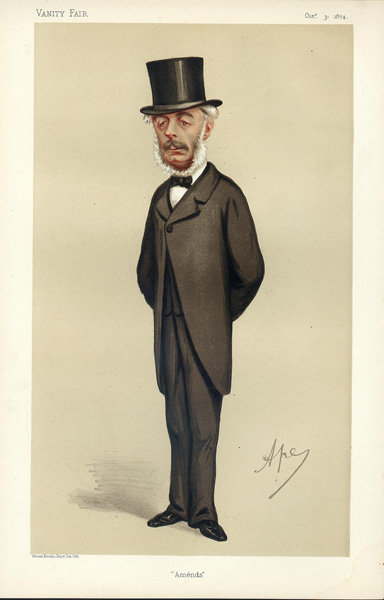 "Amends"<br />The Rt Hon Stephen Cave MP as caricatured by Ape ([[Carlo Pellegrini (caricaturist)|Carlo Pellegrini]]) in [[Vanity Fair (British magazine)|Vanity Fair]], October 1874