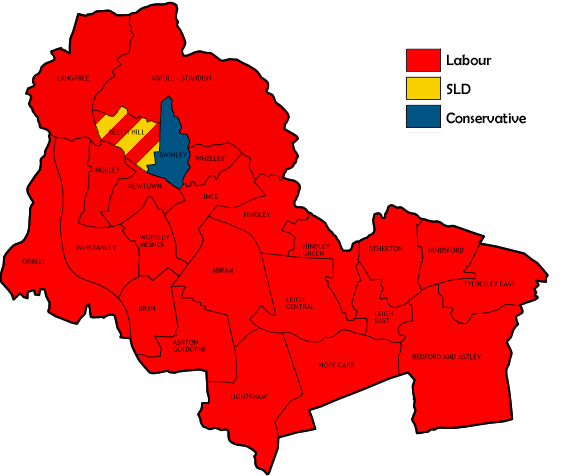 Map of the results of the 1988 Wigan council election.