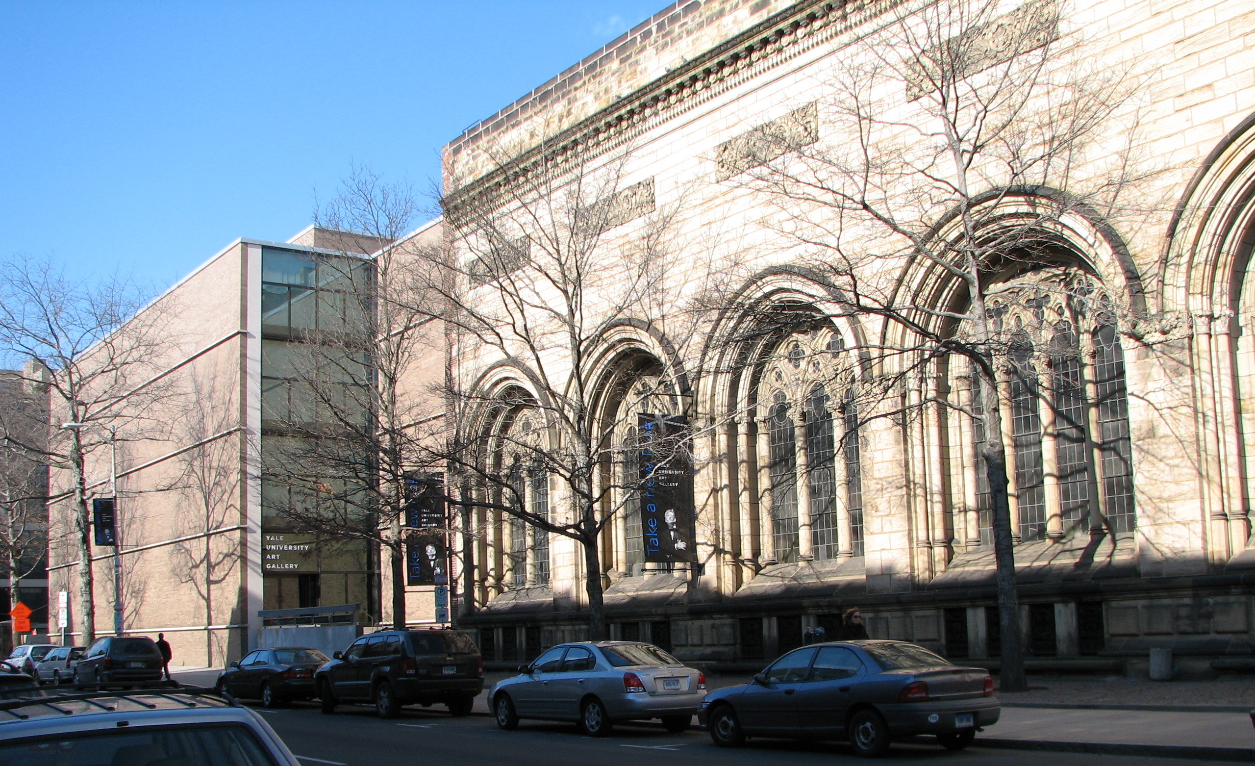 Yale University Art Gallery's Louis Kahn Building (left) is connected to the Old Yale Art Gallery (right)