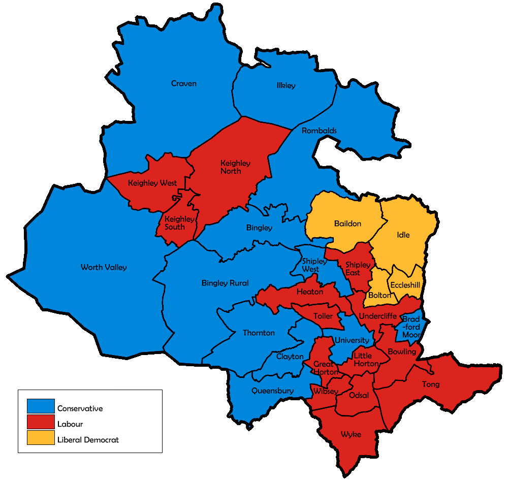 Map of the results for the 1999 Bradford council election.