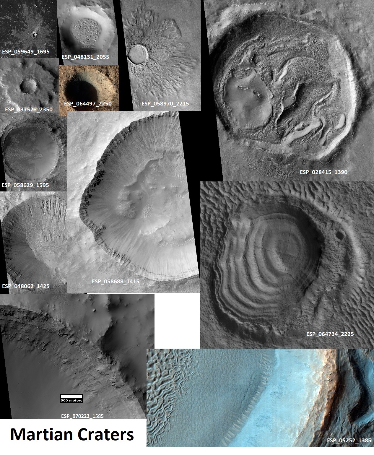 different kinds of impact craters on Mars.