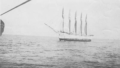 The mysteriously derelict schooner Carroll A. Deering, as seen from the Cape Lookout lightship on 28 January 1921. (US Coast Guard)
