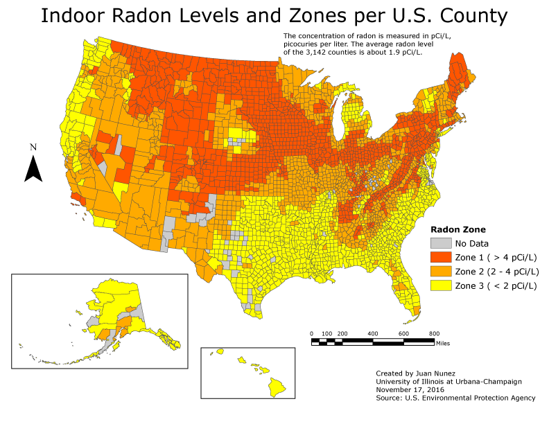 Map of radon levels in the United States