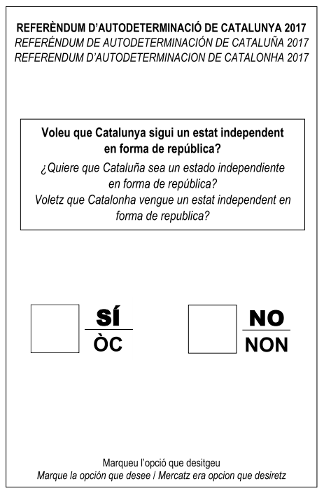 Ballot paper that the Catalan government intended to use in the referendum, in Catalan, Castilian Spanish and Aranese Occitan, the three official languages ...