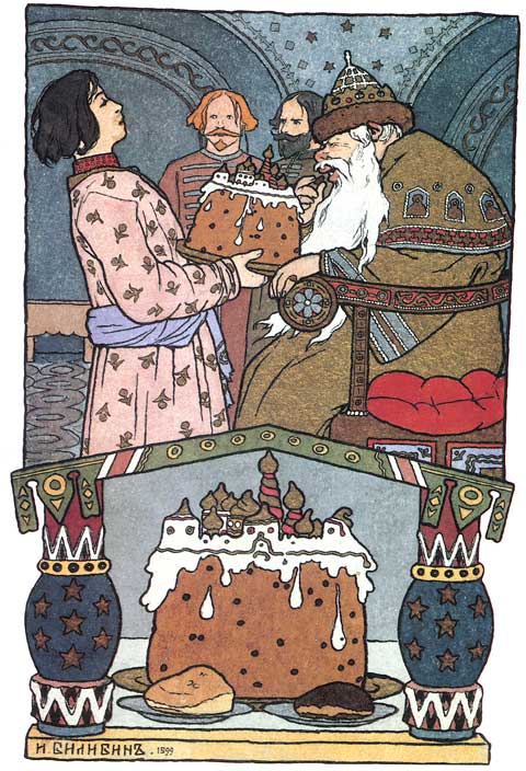 Prince Ivan presents a cake to his aged father.