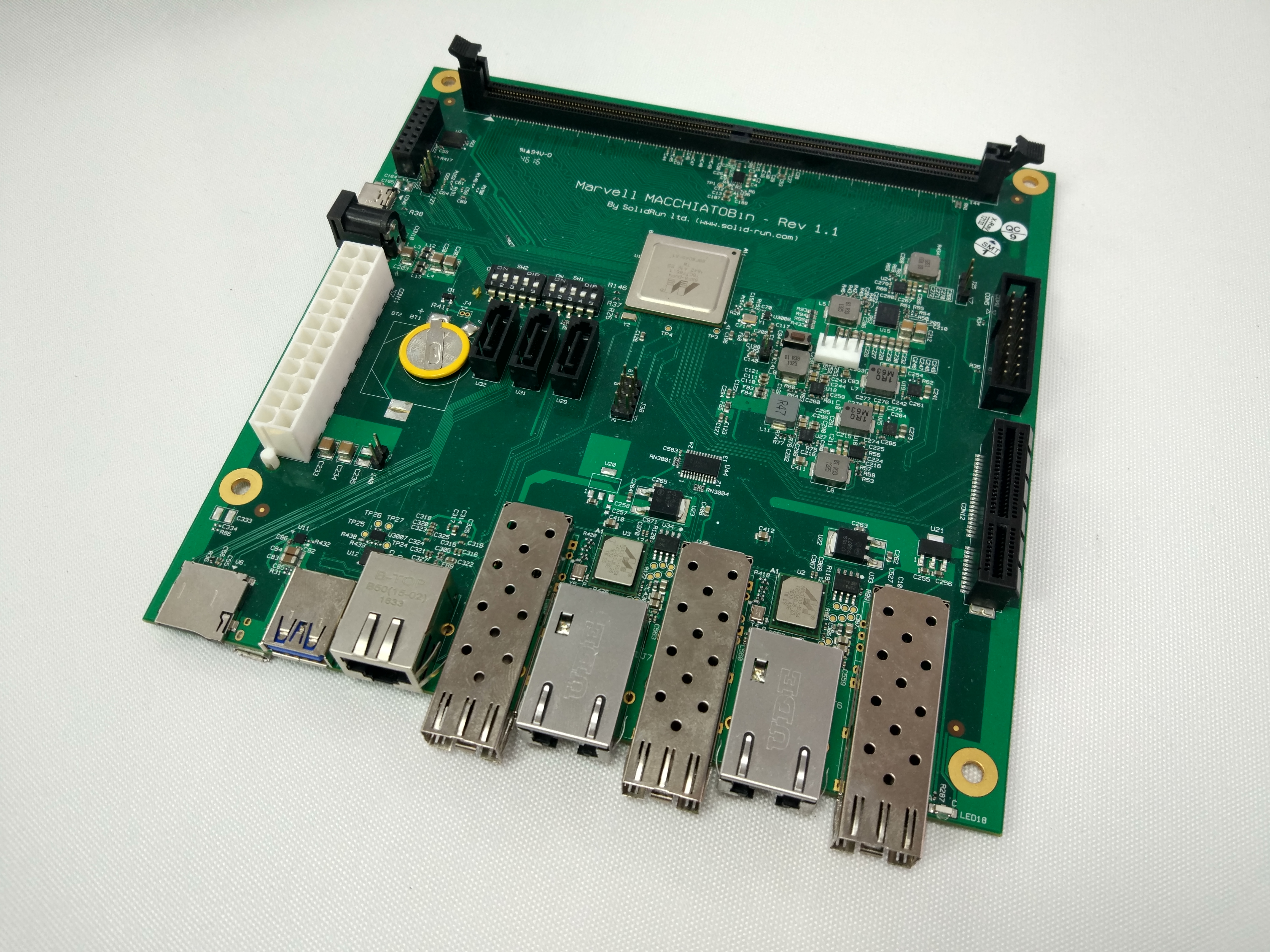 MACCHIATObin network development board Mini-ITX developed by Marvell and SolidRun - with Marvell ARMADA A8040 ARM Cortex A72 processor. Date 7 March 2018