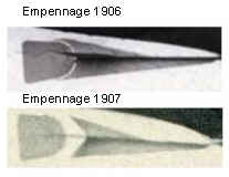 Deux vues latérales de l'empennage d'un dirigeable, montrant deux configurations différentes.  Dans l'un, la section avant a une échancrure semi-circulaire pour recevoir le gouvernail semi-circulaire avec très peu d'espace entre les deux;  dans l'autre, la coupe est plus angulaire et le jeu est beaucoup plus grand