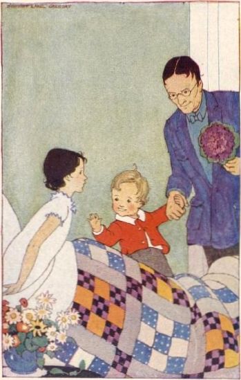 A man with flowers holds Benny's hand while the child waves at Violet, seated in bed