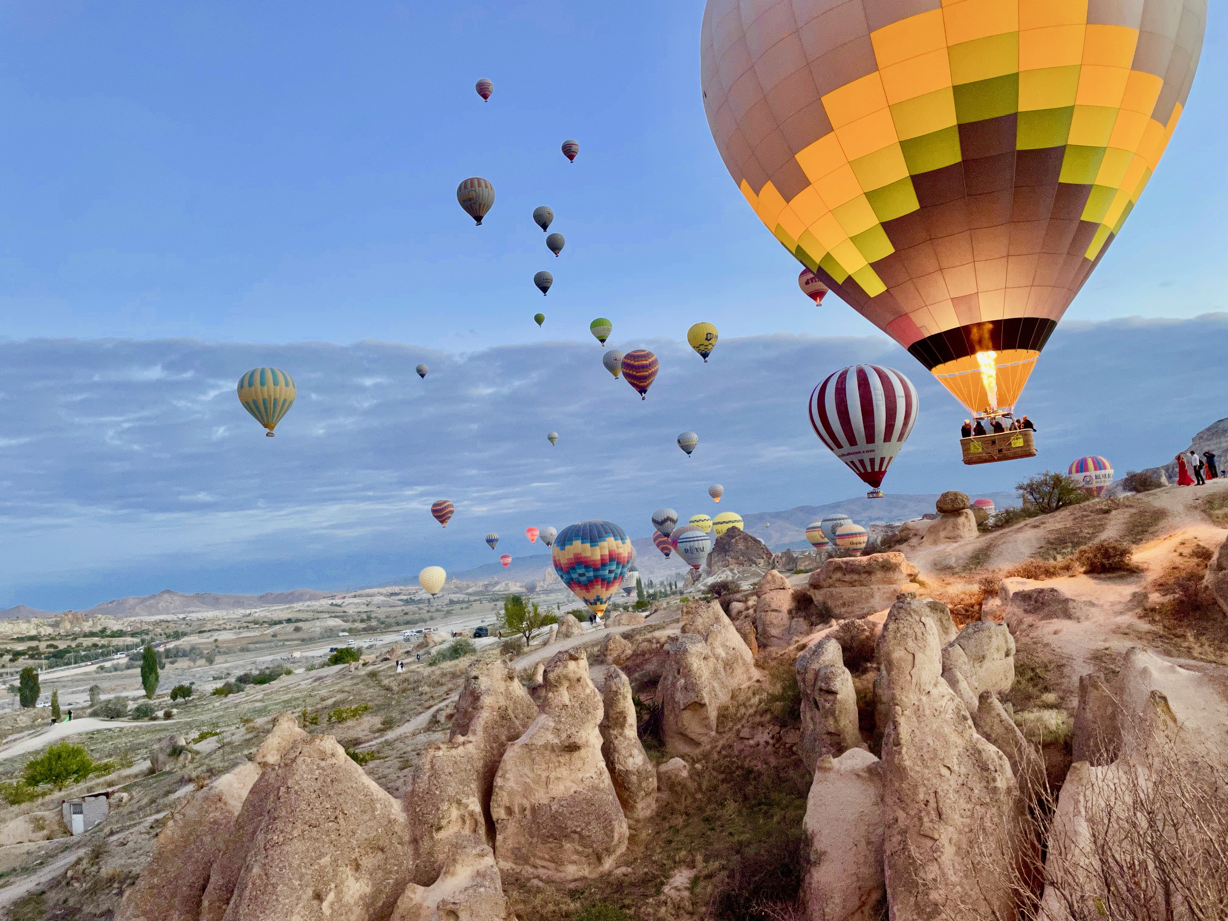 Hot air balloons at sunset in Goreme valley, Cappadocia, Turkey Stock Photo  - Alamy