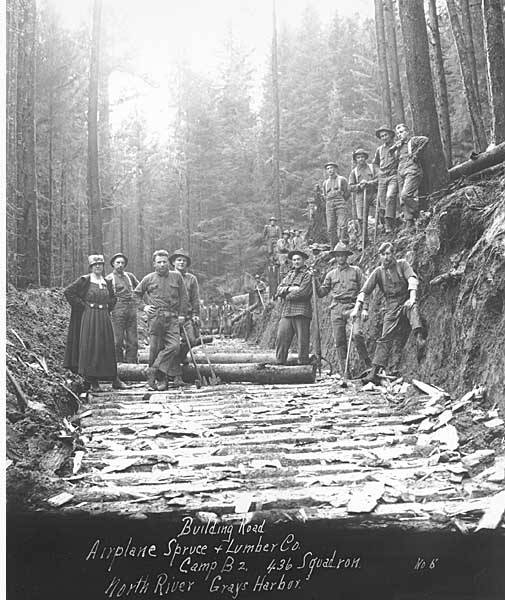 File:Road construction crew and Mrs Clark Kinsey, Airplane Spruce and Lumber Company camp B2, 436th Squadron, North River, Grays (KINSEY 766).jpeg