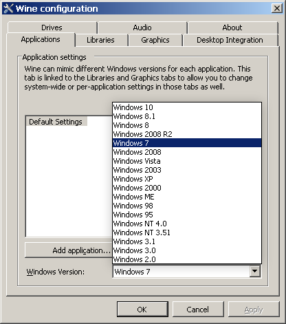 A screenshot showing how Wine can be configured to mimic different versions of Windows, going as far back as Windows 2.0 in the 32-bit version (64-bit Wine supports only 64-bit versions of Windows)