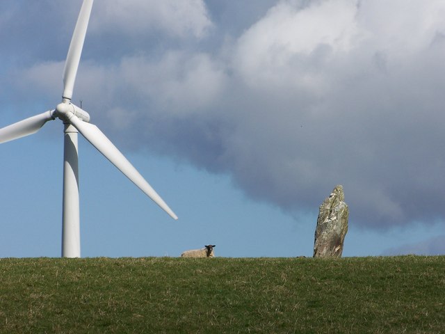 File:Sky, sheep,standing stone and wind turbine - geograph.org.uk - 1239870.jpg