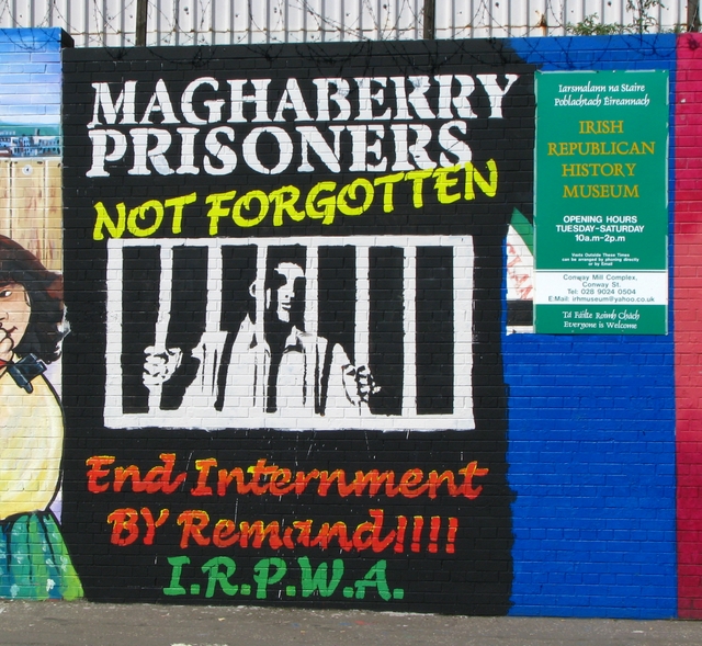 Part of the 'International Wall,' this mural depicts Irish Republican prisoners in jail. They were supported by the IRPWA (Irish Republican Prisoners Welfare Association)