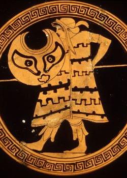 A peltast with the whole of his panoply (on a red-figure kylix)