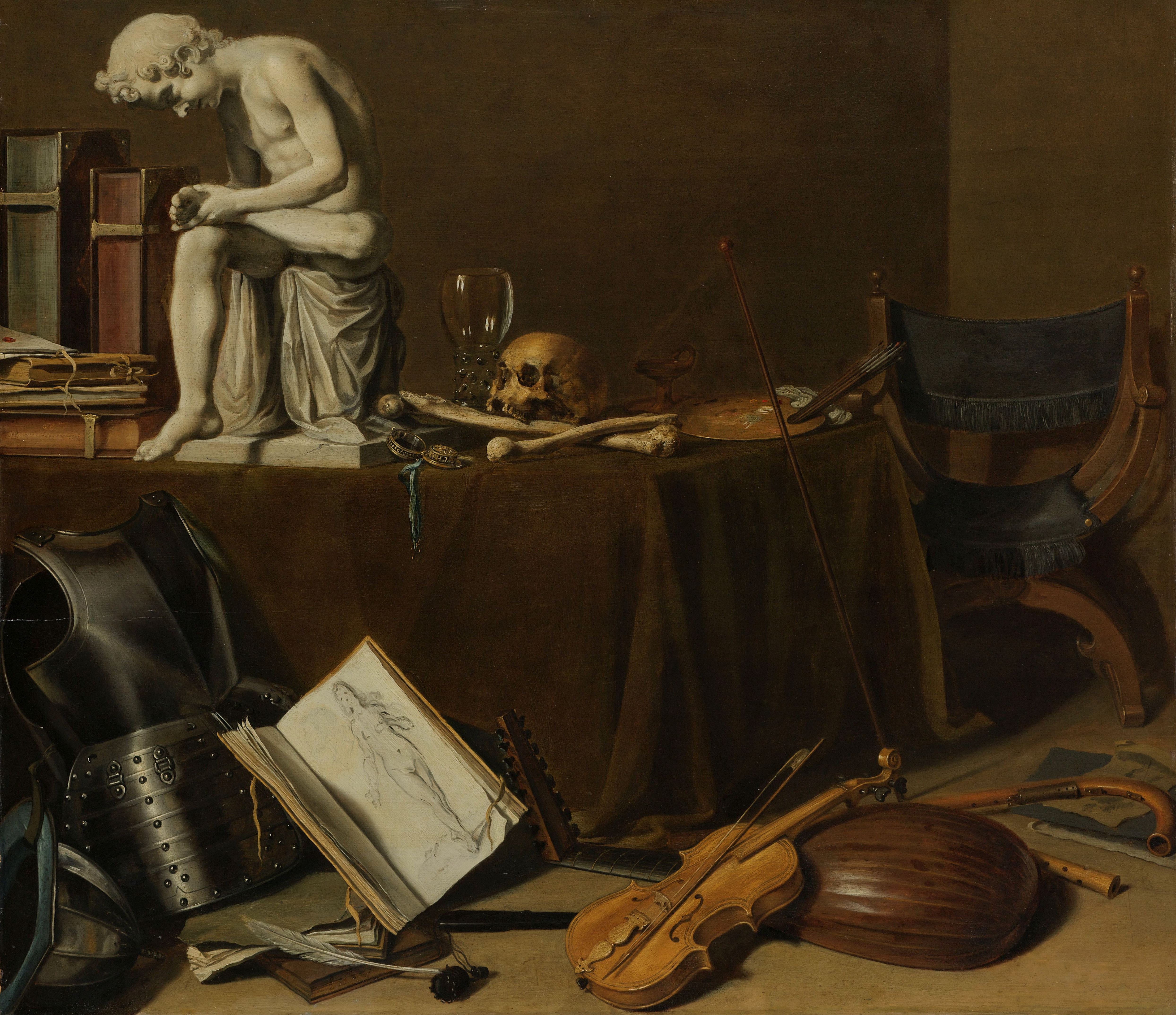 Tableau de Pieter Claesz, Vanité au tireur d'épine : vanité du savoir (les livres), du pouvoir (l'armure), des plaisirs (le vin, la musique, l'art)