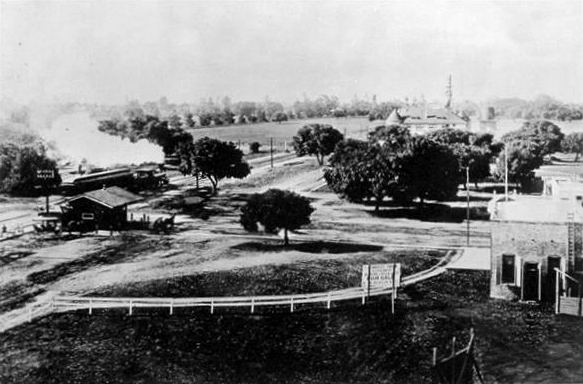 La University Avenue vicino a Circle Dr. con il treno che corre fumante verso El Palo Alto (1864).