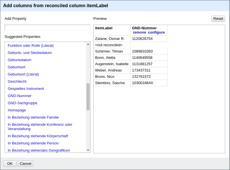 Screenshot of the dialog to fetch data from GND