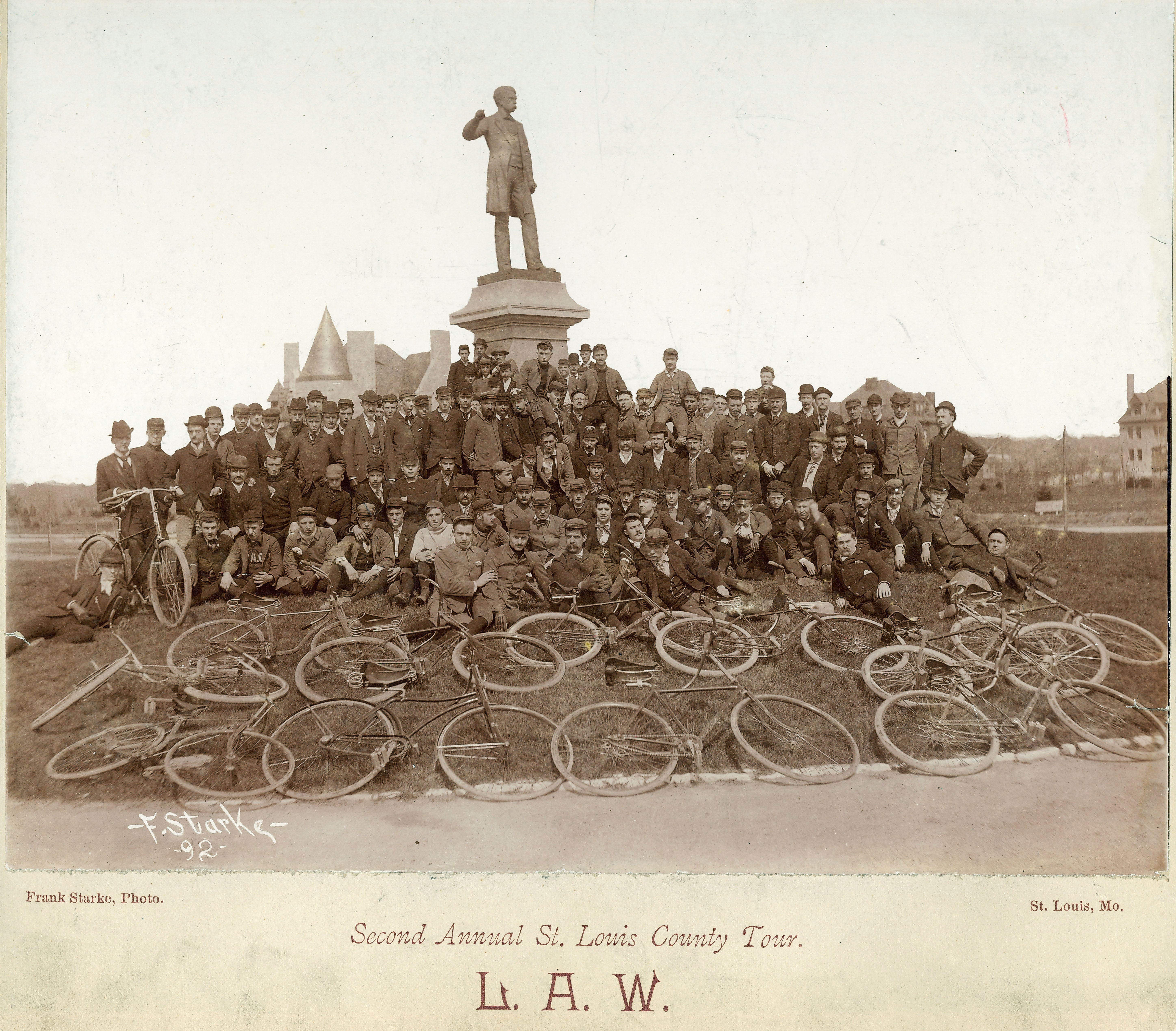 File:1892 Bicyclists pose near Frank Blair statue, Forest Park, St Louis. MoHIST PHO 0 ...