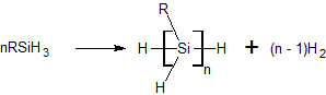 The general reaction for dehydrogenative coupling of primary silanes. General primary dehydrogenative coupling of primary polysilanes.png