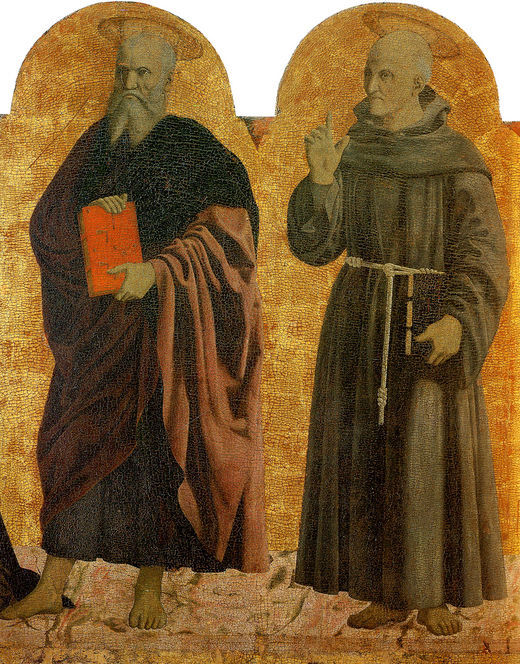 Piero della Francesca, Polittico di Misericordia, Scomparto laterale destro, San Giovanni Evangelista e San Bernardino da Siena, 
Museo Civico, Sansepolcro