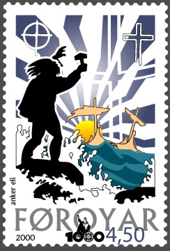Фарерская почтовая марка с изображением Транда с Гати, поднимающего молот Тора в защиту языческой веры (2000 г.)