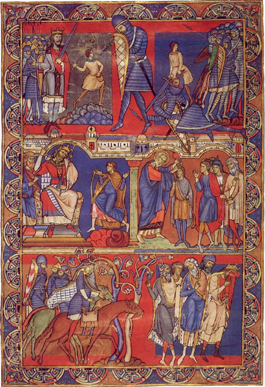 The "Morgan Leaf", detached from the Winchester Bible of 1160−75. Scenes from the life of David.