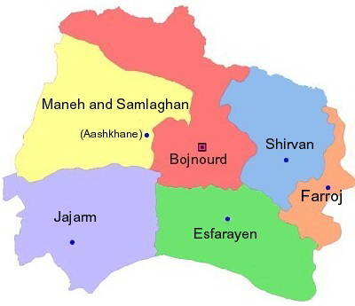 Carte des préfectures du Khorassan septentrional.