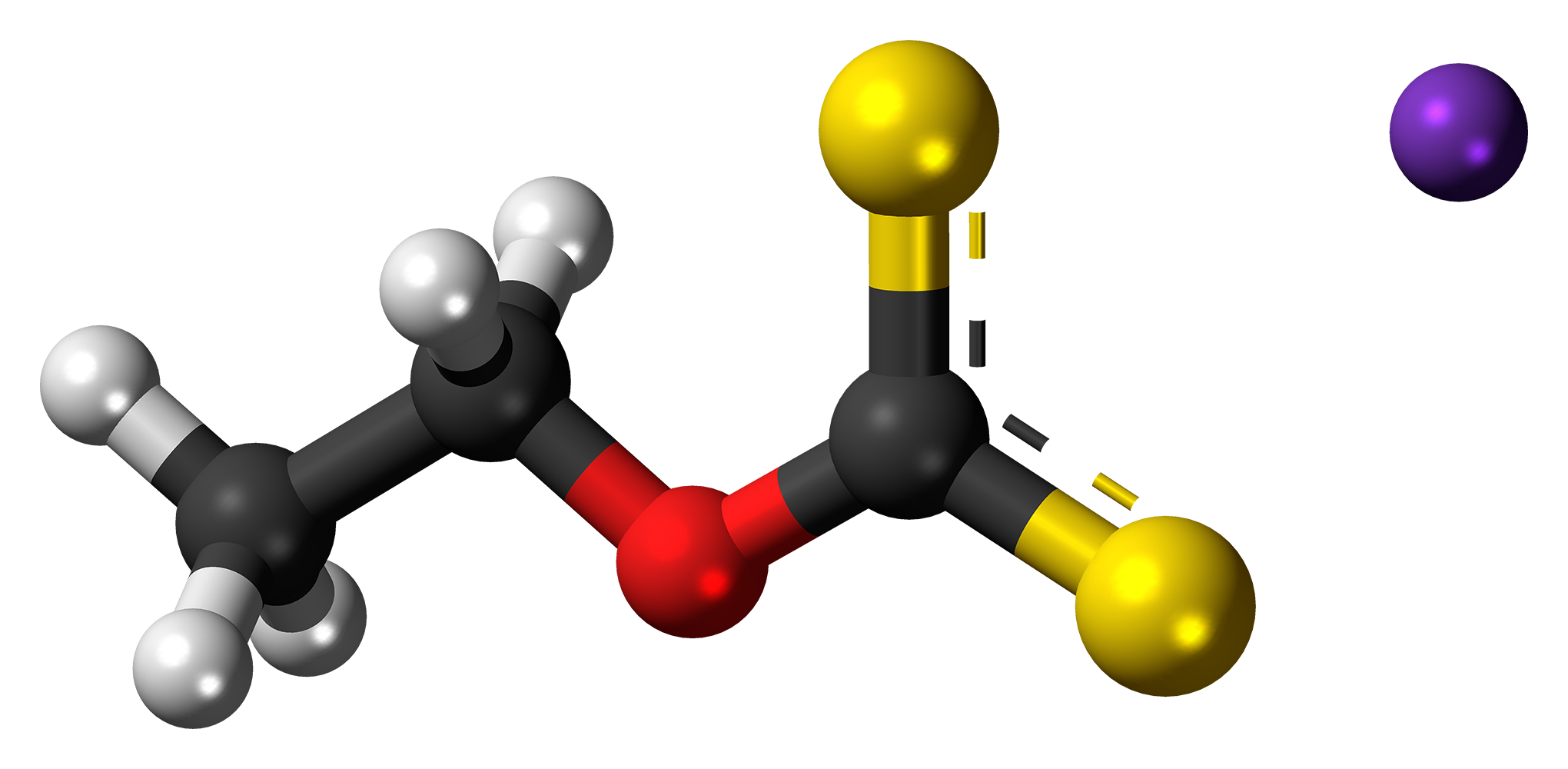 Potassium ethyl Xanthate. Шаростержневая модель. Молекула калия. Молекула углерода. Этил натрия