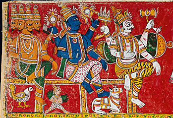 Trimurti atau Tritunggal Hindu (tiga perwujudan Tuhan yang utama menurut agama Hindu). Dari kiri ke kanan: Brahma (berkulit merah, berkepala empat); Wisnu (berkulit biru, berlengan empat); dan Siwa (berkulit putih, berlengan empat).