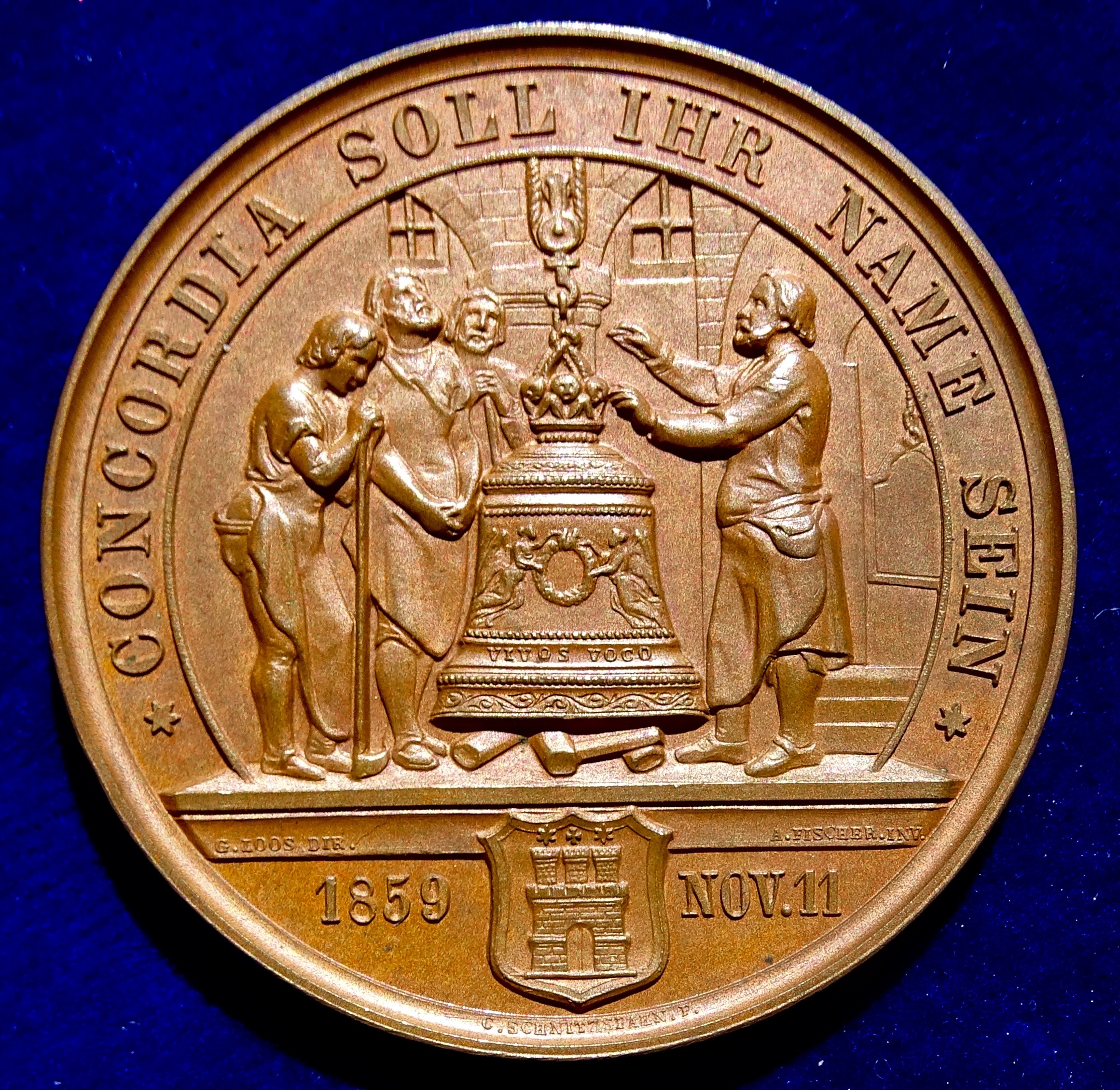 File:Hamburg, Bronze Bell 1859 Wikipedia (reverse).jpg The Friedrich 100th - Schiller Birthday. Song Medal
