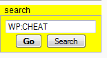 Image shows the Wikipedia Search box highlighted in yellow, with the expression "W P colon C H E A T" typed into it.