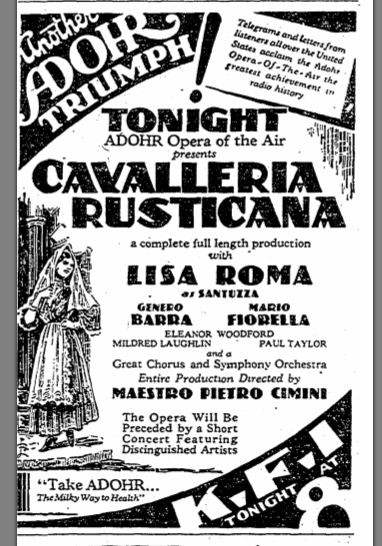 Advertisement for 1930 radio broadcast with Lisa Roma