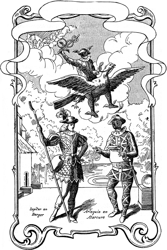 Wielding a caduceus and wearing a winged helmet, Harlequin-Mercury descends on an eagle.