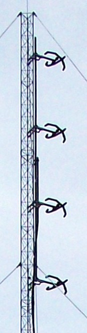 Crossed dipole antenna of station KENZ's 94.9 MHz, 48 kW transmitter on Lake Mountain, Utah. It radiates circularly polarized radio waves.