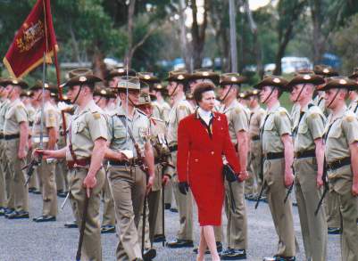 Anne, Princess Royal, passes in front of the Princess Anne Banner at the Royal Australian Corps of Signals during their 75th anniversary, 2000.