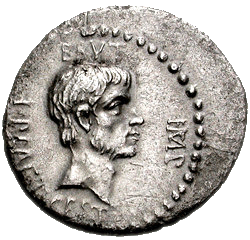 Silver coin with head of Brutus looking right