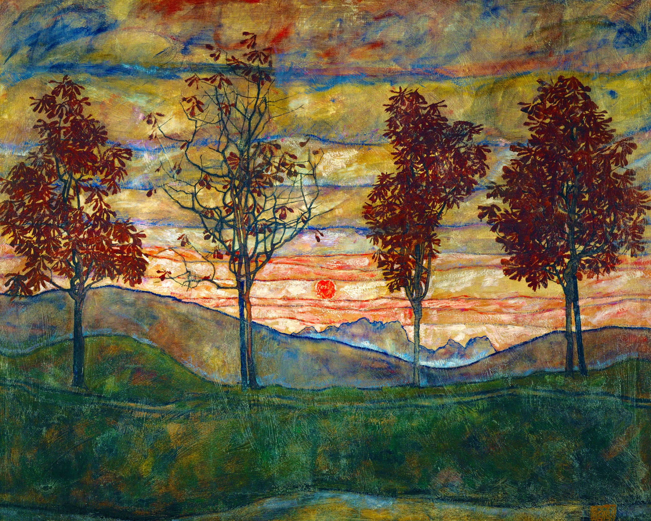 Famous Paintings by Famous Artists: Egon Schiele, Four Trees, 1917, Belvedere, Vienna, Austria.