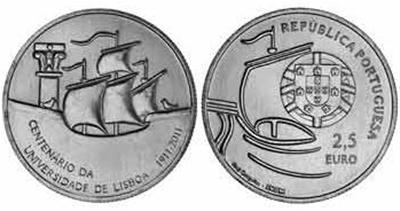 Moeda de 2,5 Euros comemorativa dos 100 anos da ULisboa com o emblema da AAUL