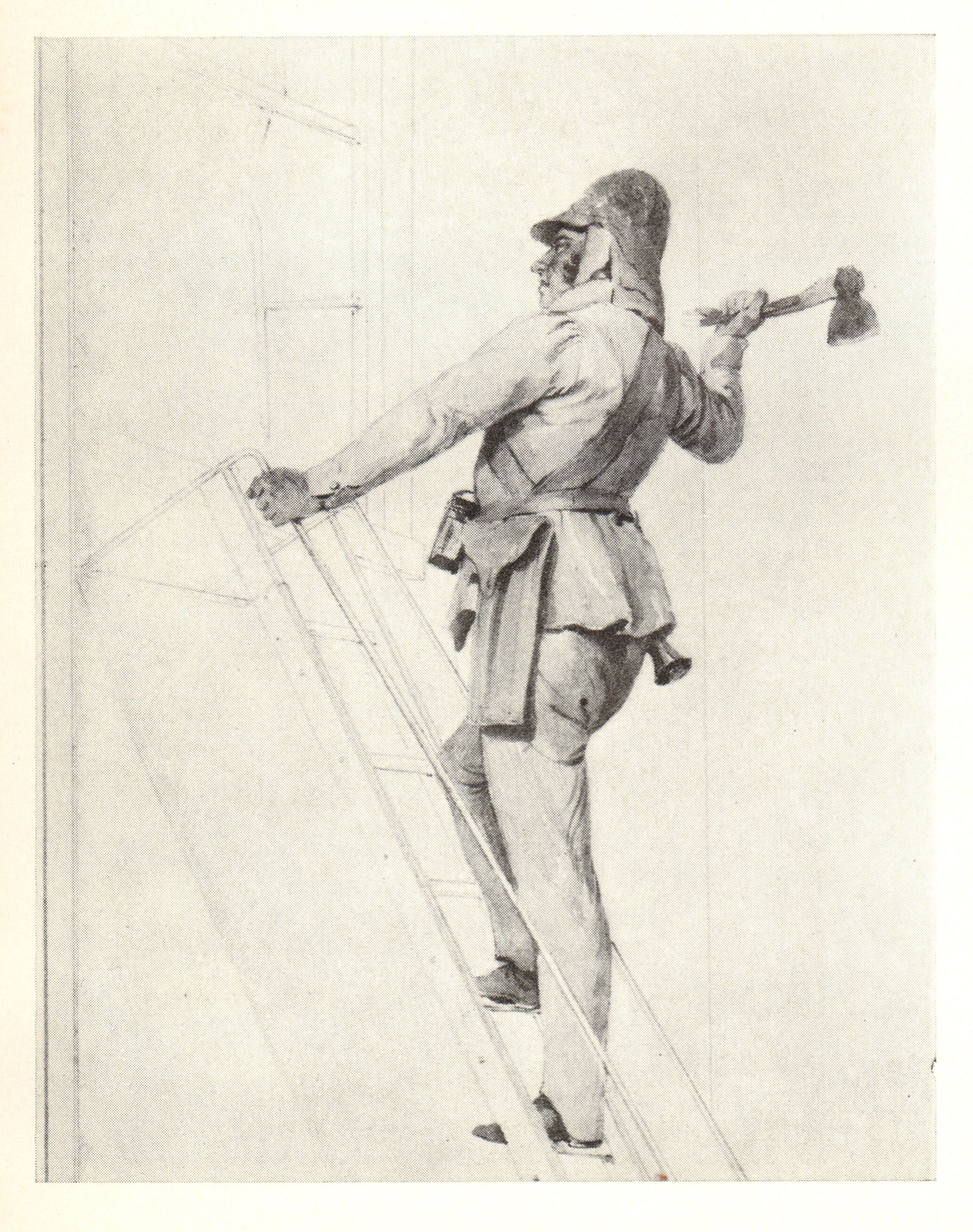 Mr Wivell in the costume of a firefighter on a fly-ladder escape, 1836