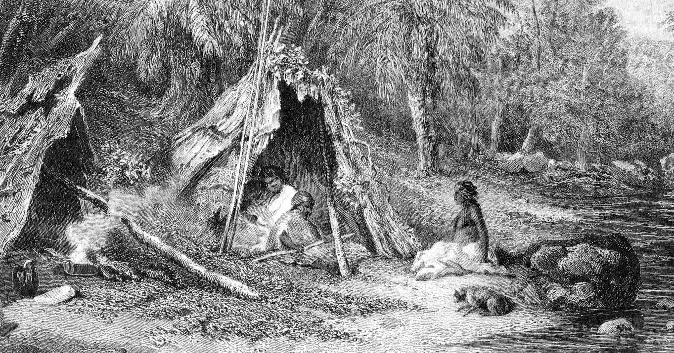 A 19th-century engraving of an Aboriginal Australian encampment