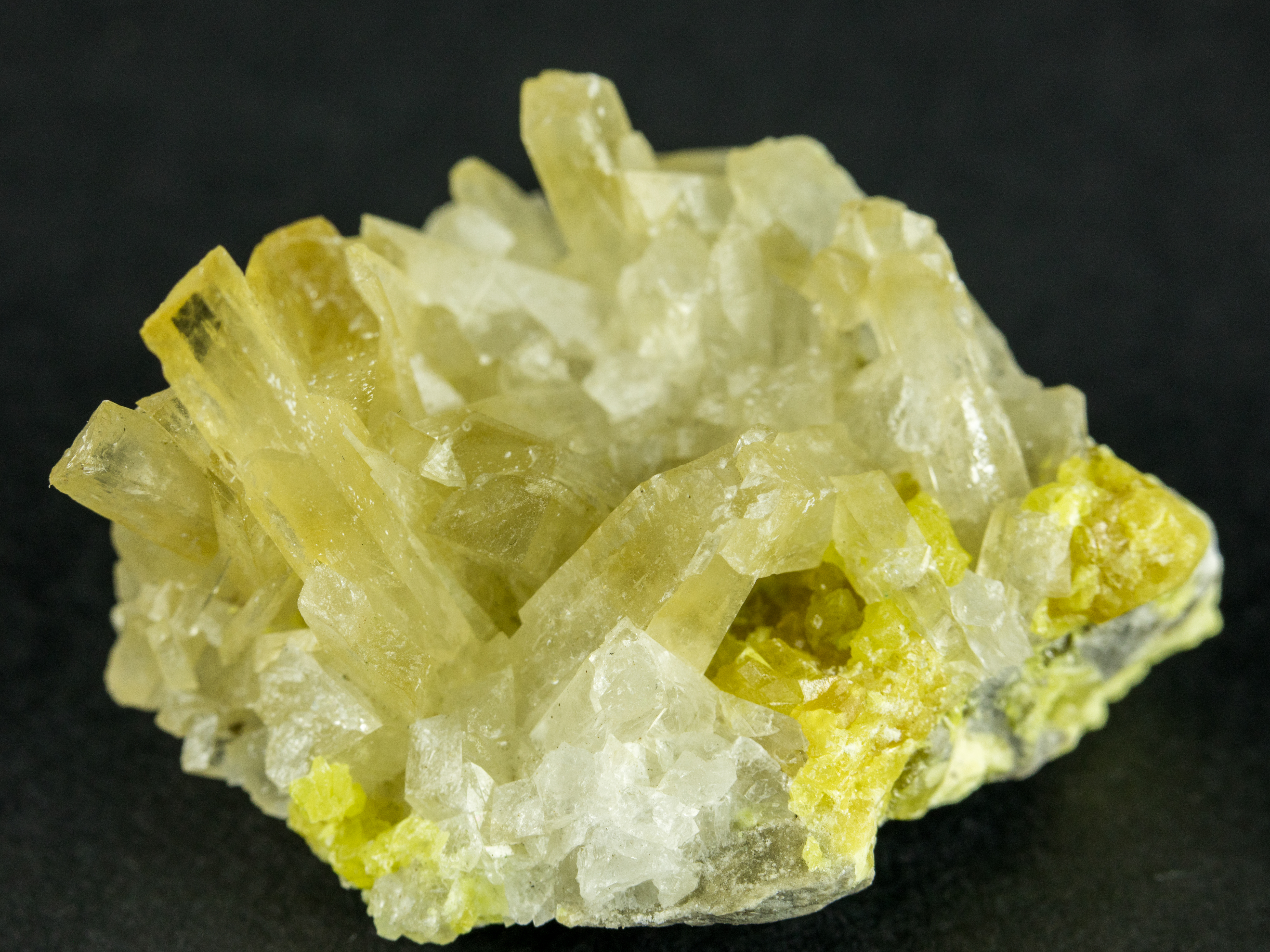 yellow strontianite gemstone crystal specimen with sulfur