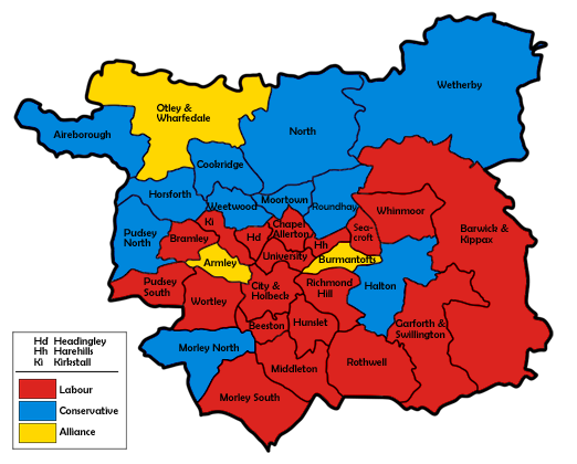 Map of the results for the 1983 Leeds council election. Leeds1983.png
