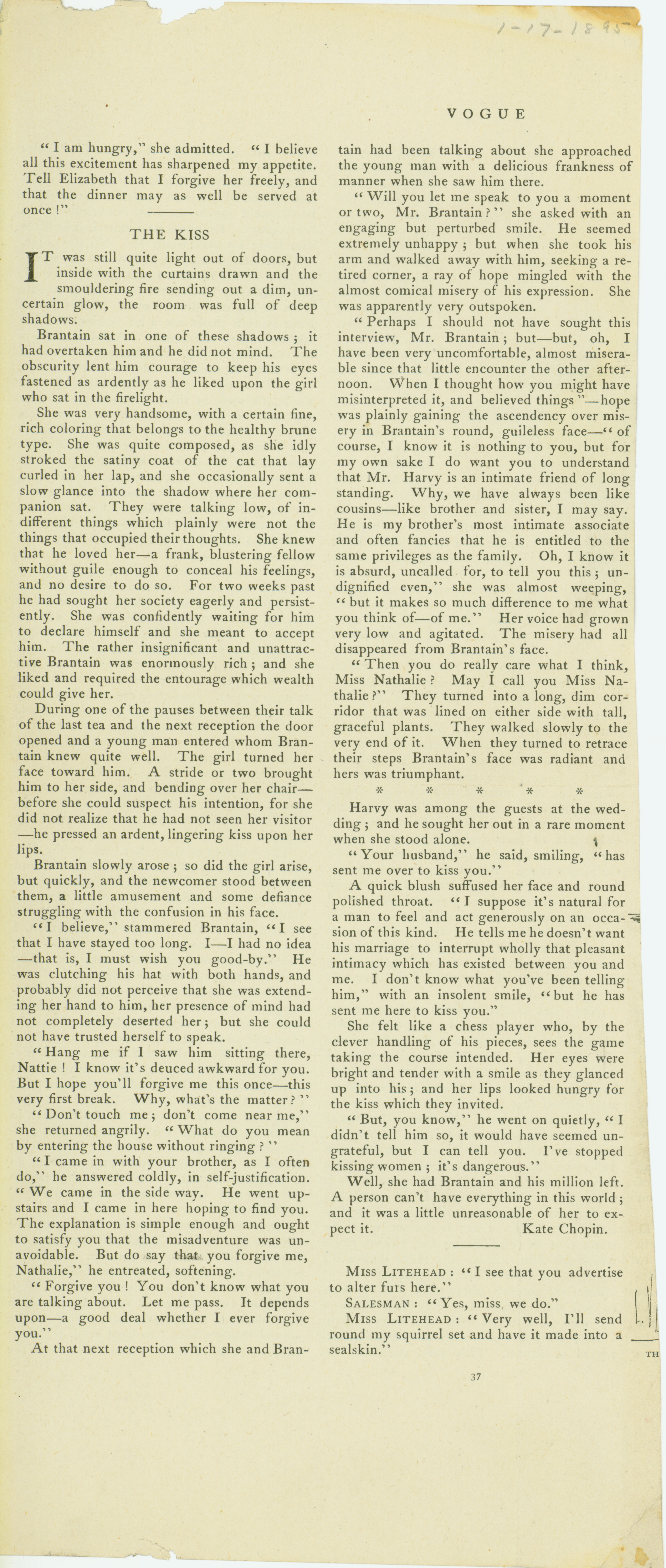 File:Printed short story, "The Kiss," by Kate Chopin fromVogue  Magazine,January 17, 1895.jpg - Wikimedia Commons