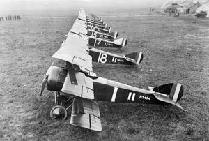 Sopwith Triplanes from No. 1 (Naval) Squadron, in Bailleul, France. The aircraft nearest the camera (N5454) was primarily flown by ace Richard Minifie.