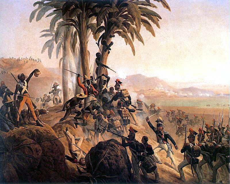 Battle between Polish troops in French service and Haitian rebels. A group of armed Haitian rebels are marching towards others up a hill, on top of which is a group of palm trees. Details in text.