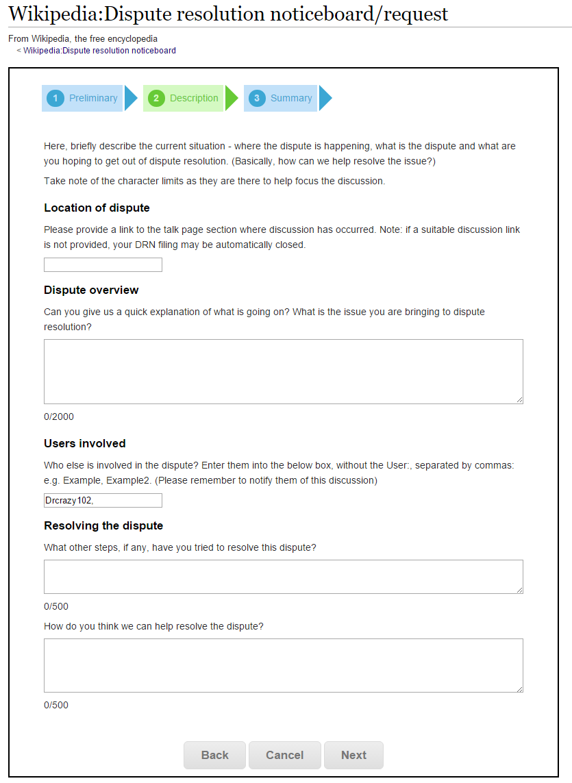 Second page of the DRN "Request dispute resolution" form.