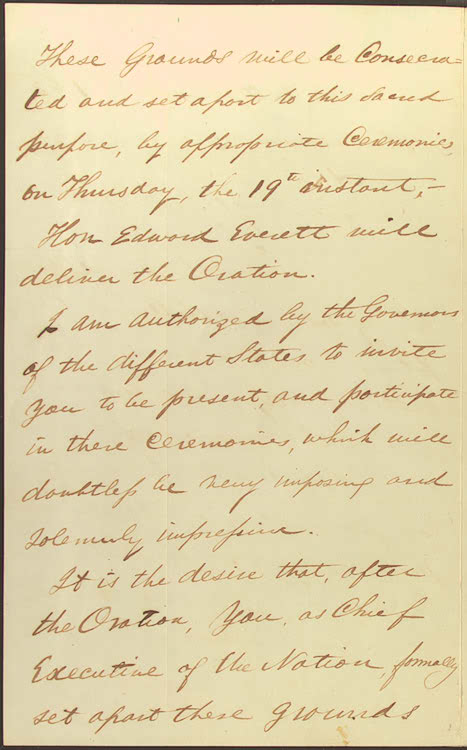 Litir David Wills a thug cuireadh do Abraham Lincoln cúpla focal a rá, i mí Mheán Fómhair, 1862, ag tabhairt dá aire gurbh é Edward Everett a thabharfadh an óráid.